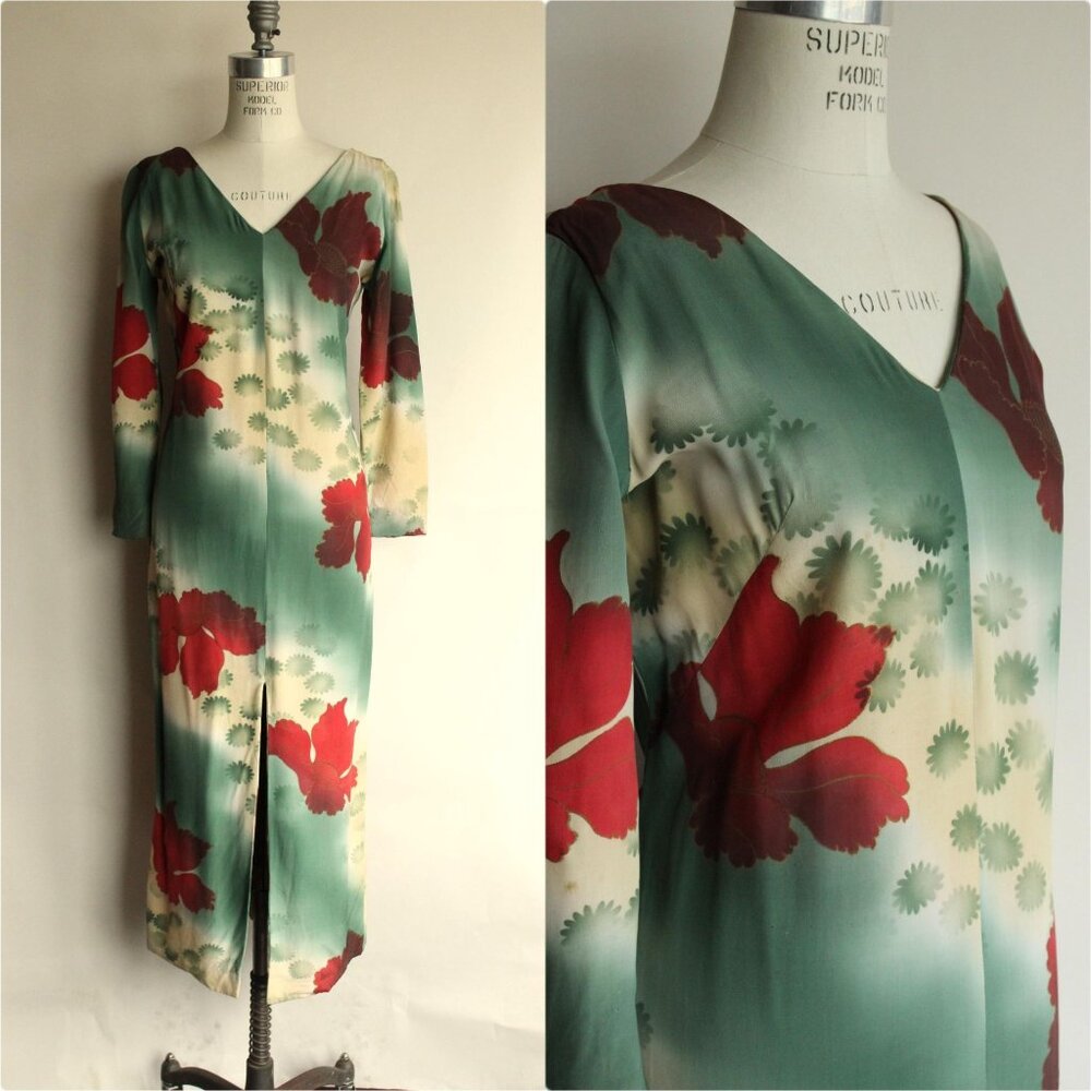 Vintage 1960s Dress, Green and Red Asian Rayon Maxidress with Iris Floral Print - Picture 1 of 10